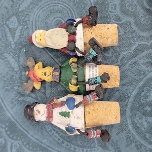 Christmas Set Of 3 Folk Art Wine Stopper Corks Snowman Santa & Reindeer